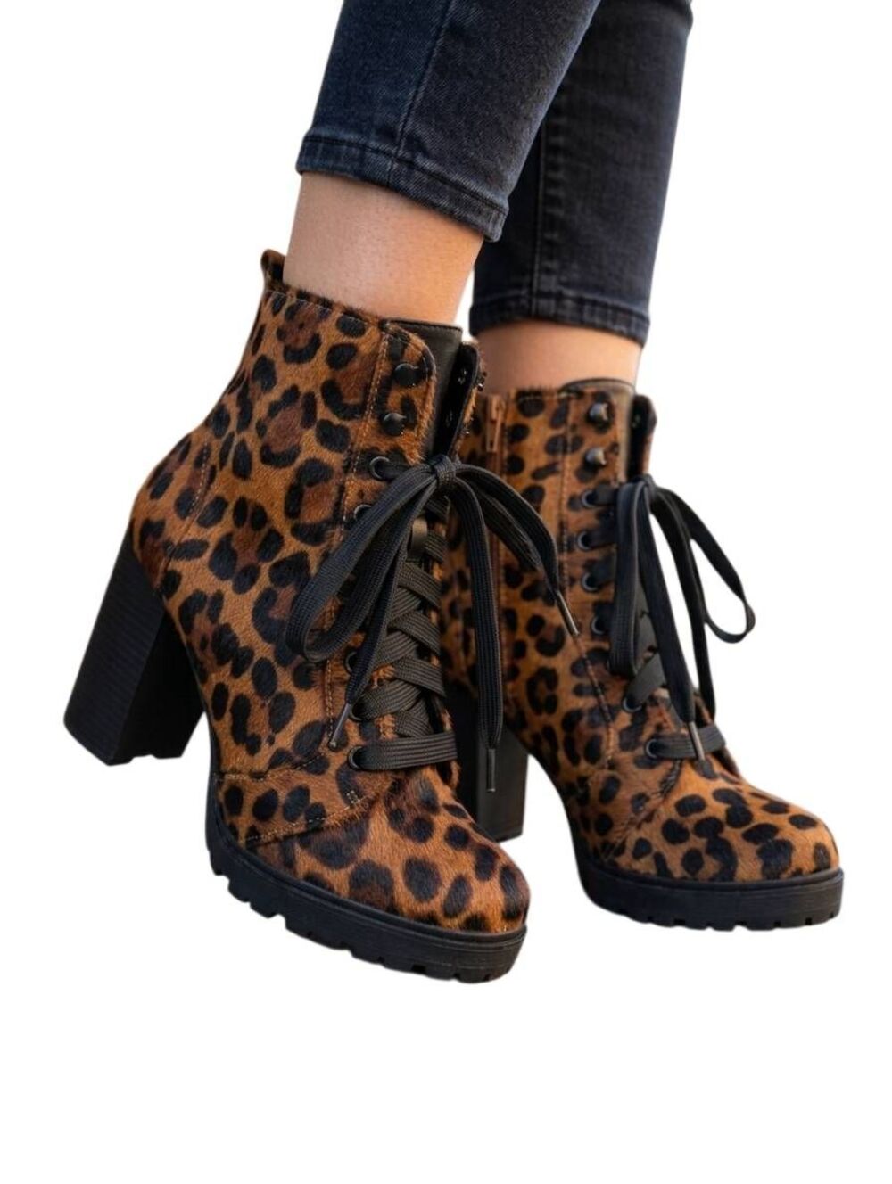 Express Leopard Print Calf Hair Lace-Up Block Heel combat platform boots 8.5
